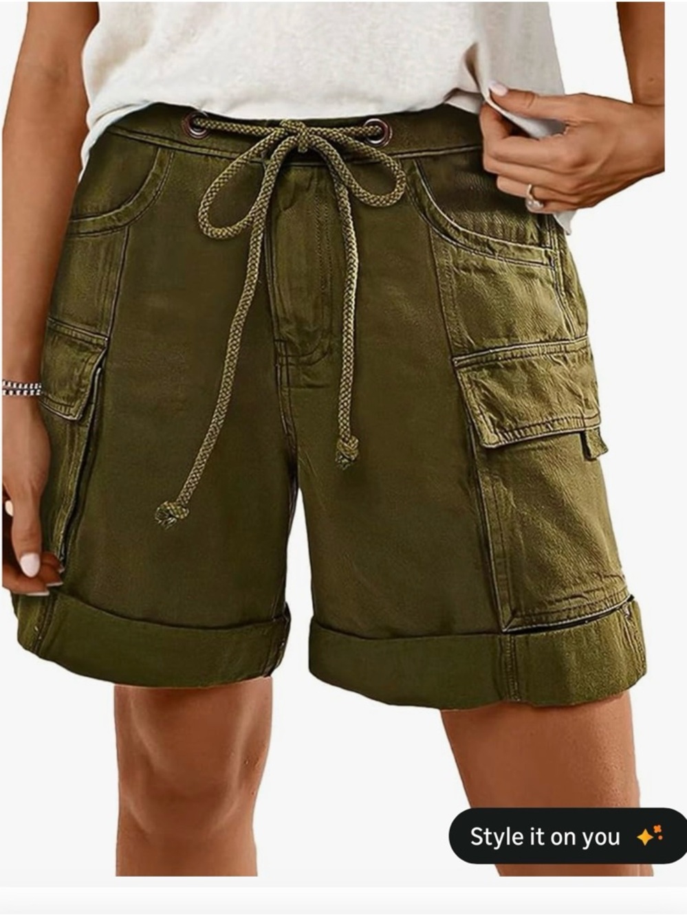 Flamingals Drawstring Cargo Rolled Hem Shorts in Green Size Small NWT